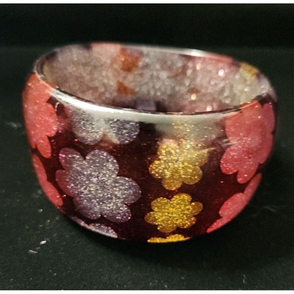 Vtg Asymmetrical Large Chunky Glitter Lucite Flower Bangle Bracelet Black Retro